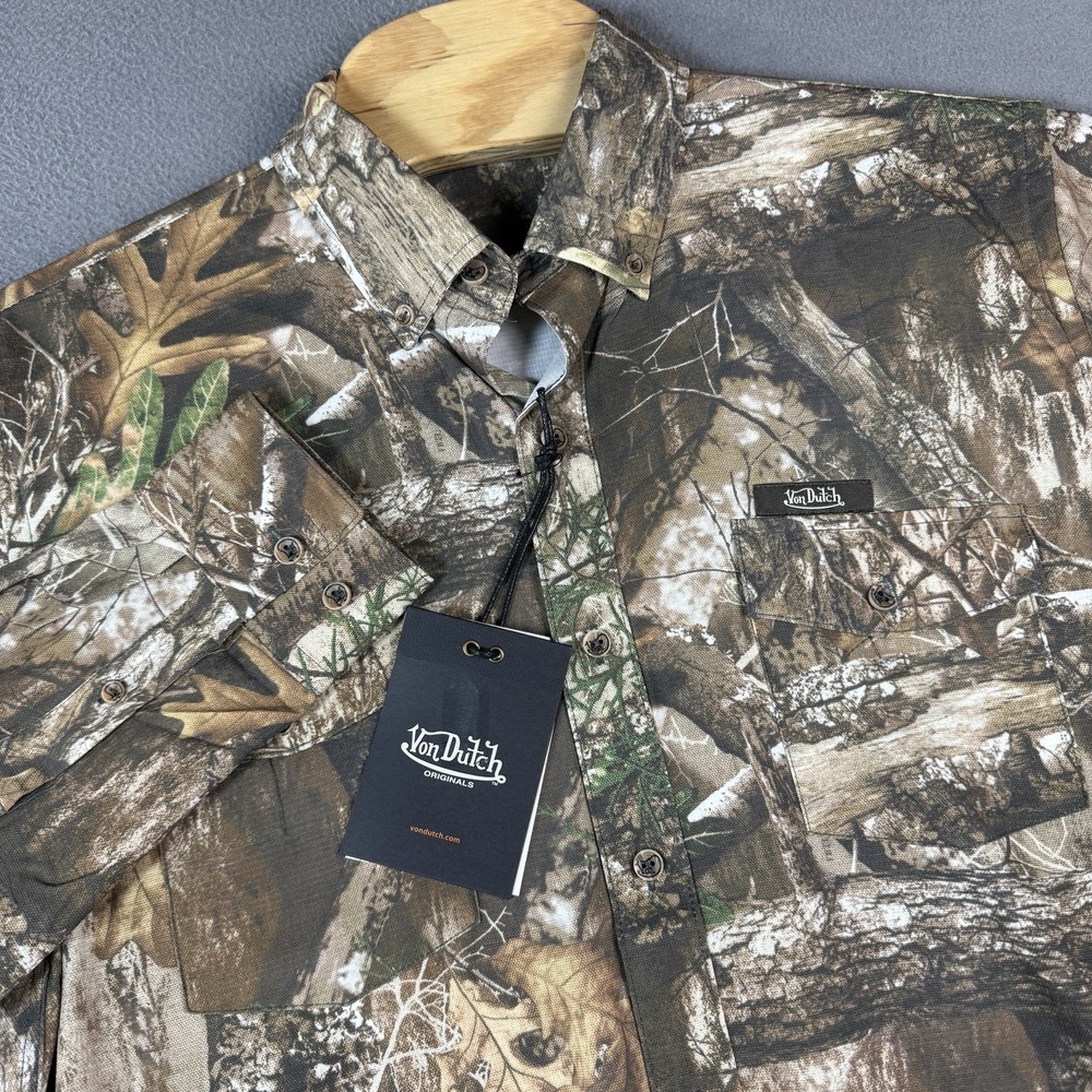 Von Dutch Brown Green Camouflage Button-Down Shirt